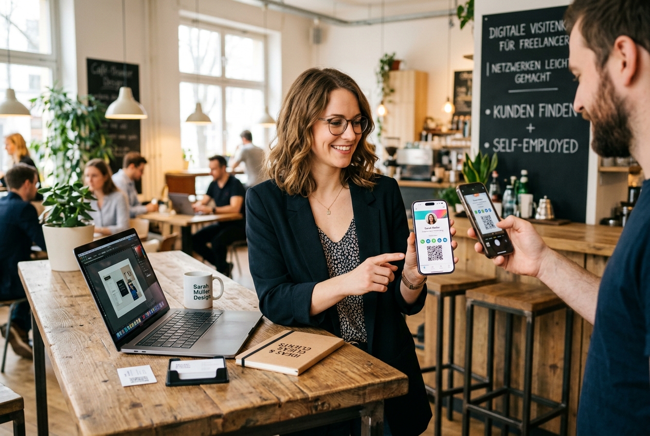 Freelancerin zeigt ihre digitale Visitenkarte auf dem Smartphone in einem Café